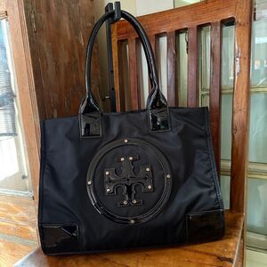 Tory Burch Ella Tote – Black Nylon with Patent Leather Trim